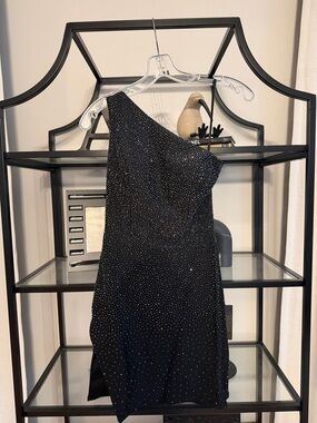 Sherri Hill Black One-Shoulder Evening Dress/Homecoming with Crystal Accents